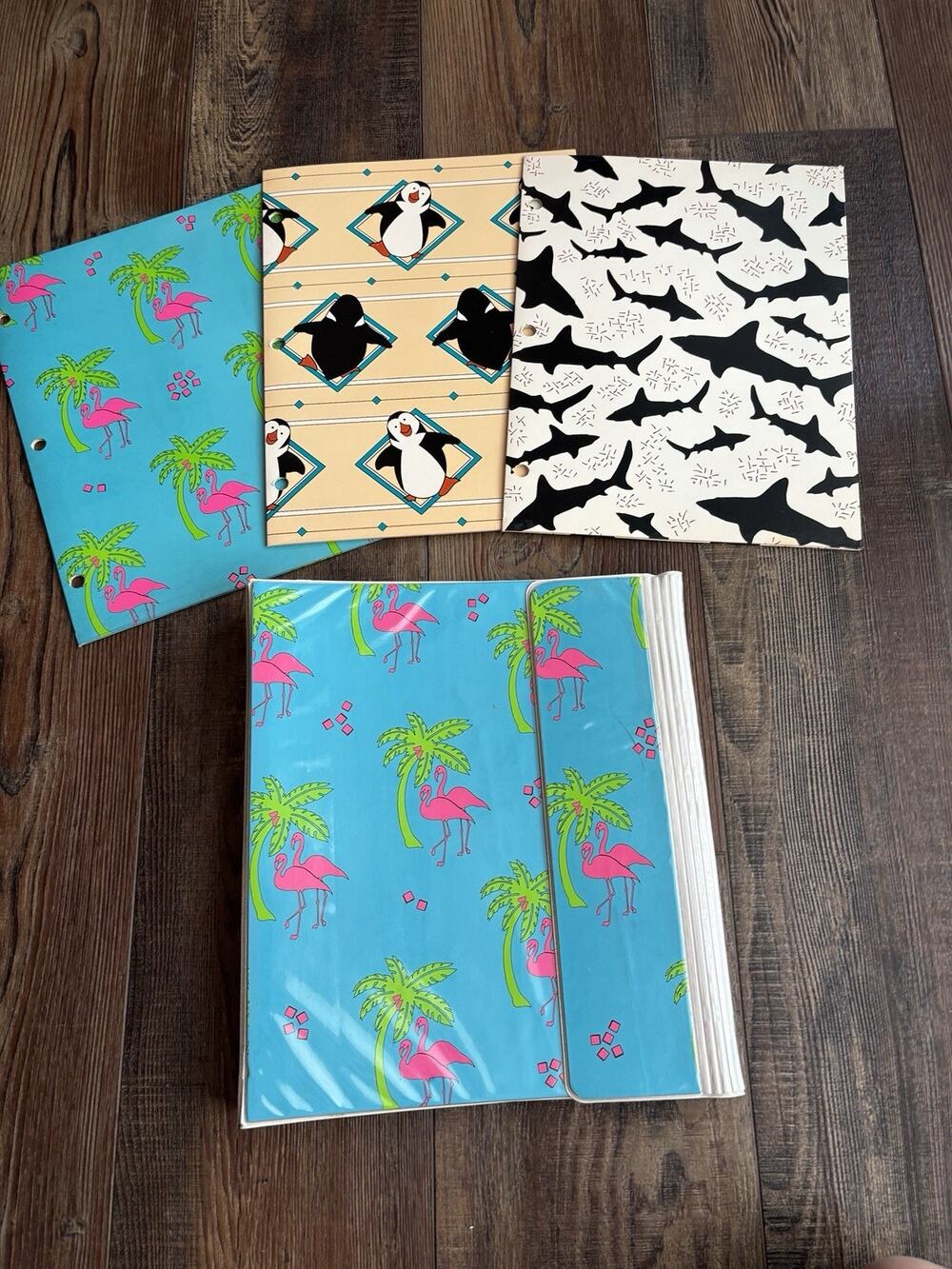 Vintage 3 Ring Binder Trapper Keeper Style W/ Folders & Paper 80's 90's Flamingo